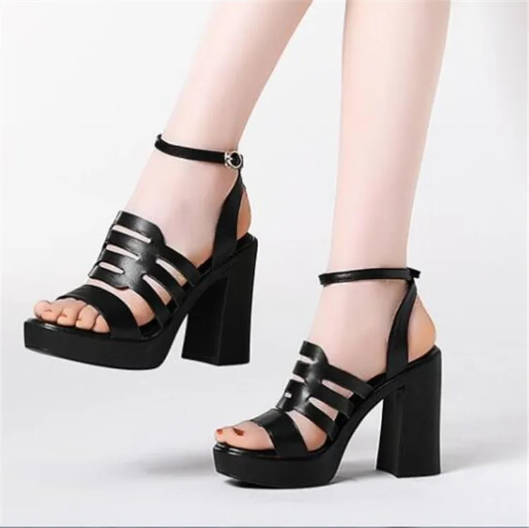 PXELENA Chunky Block High Heels Gladiator Sandals Women Genuine Cow ...