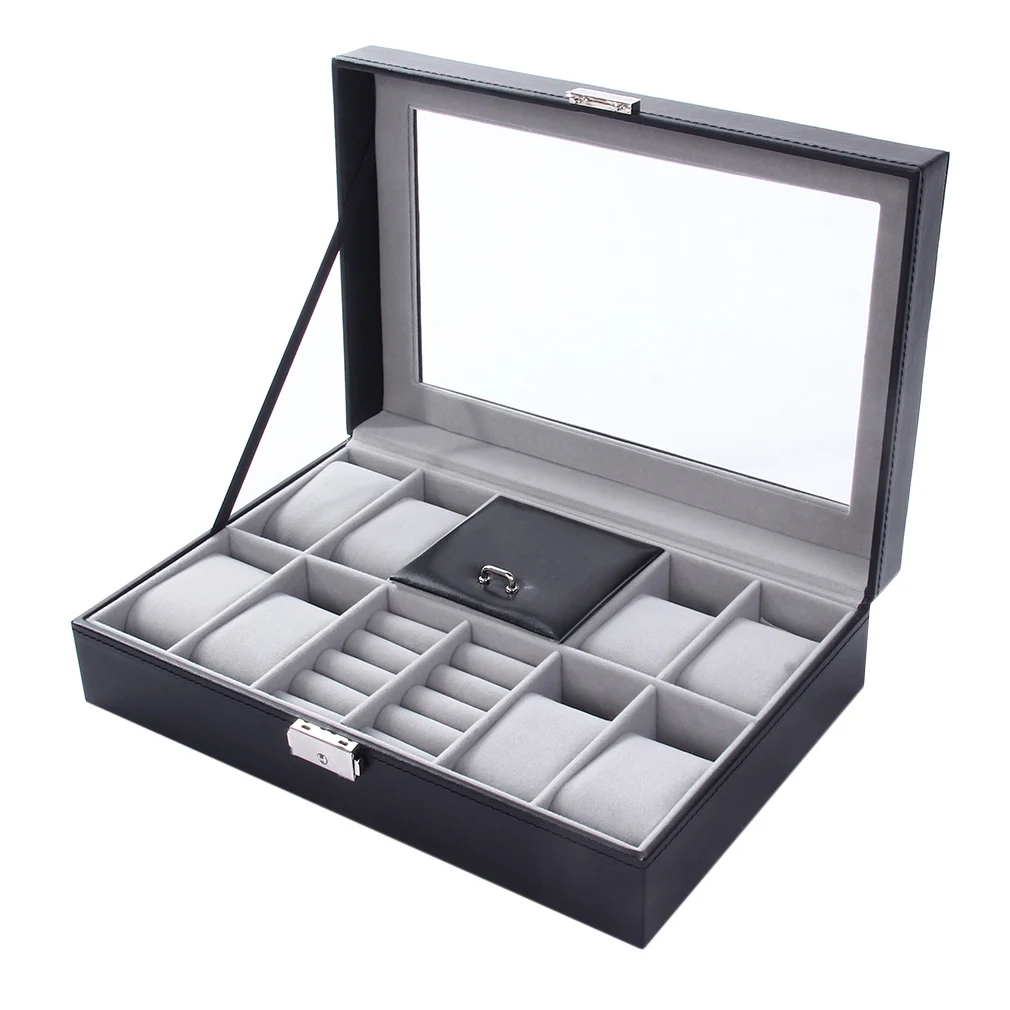 2 In One 8 Grids+3 Mixed Grids Leather Watch Case Storage Organizer Box Luxury Jewelry Ring Display Watch Boxes Black