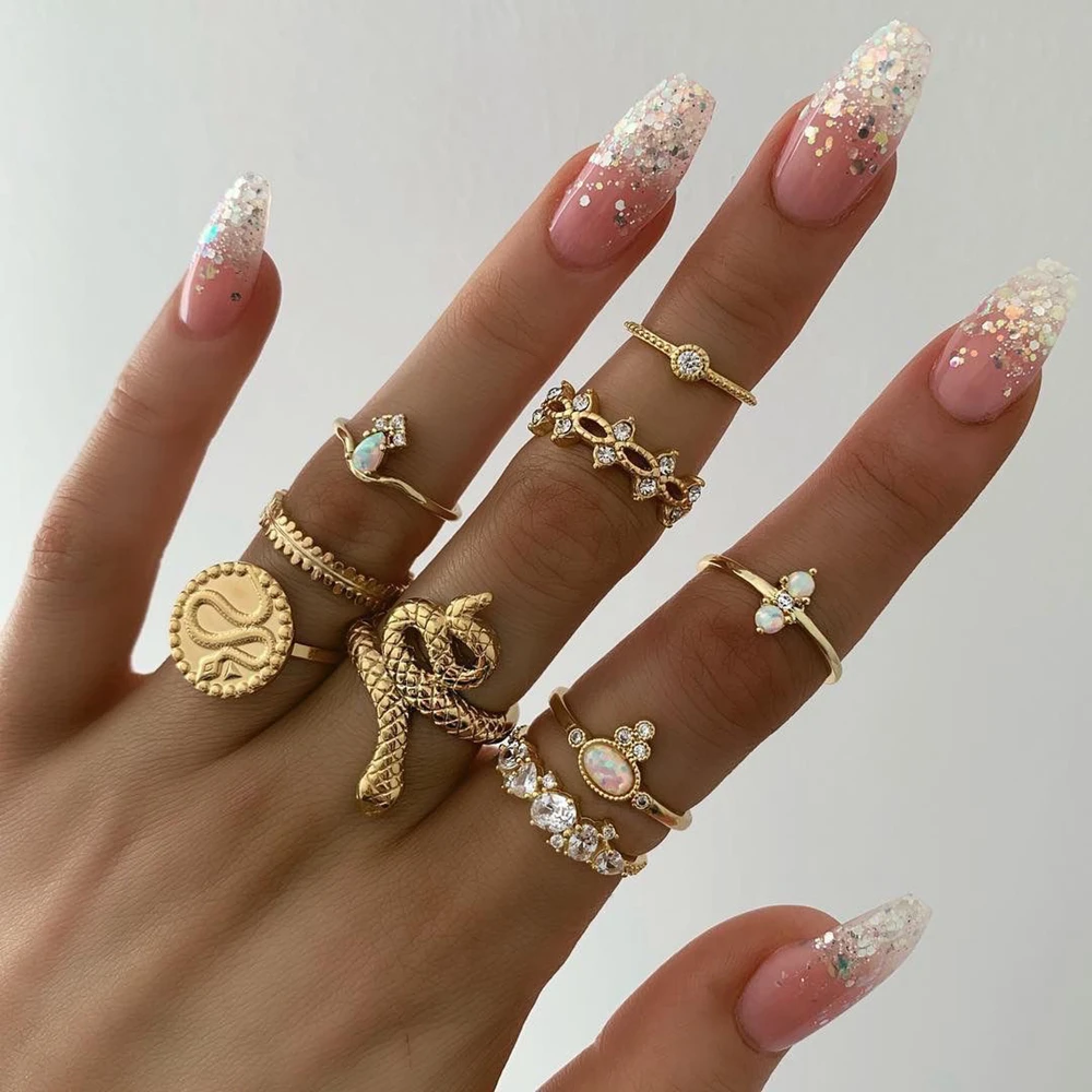 

9pcs/set Boho Gold Crystal Snake Personality Geometric Knuckle Midi Ring Set for Women Wedding Party Jewelry Accessories