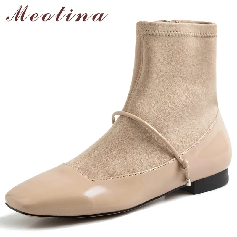 

Meotina Women Boots Autumn Ankle Boots Patent Leather Flat Elastic Boots Zip Square Toe Short Shoes Ladies Spring Black Size 39