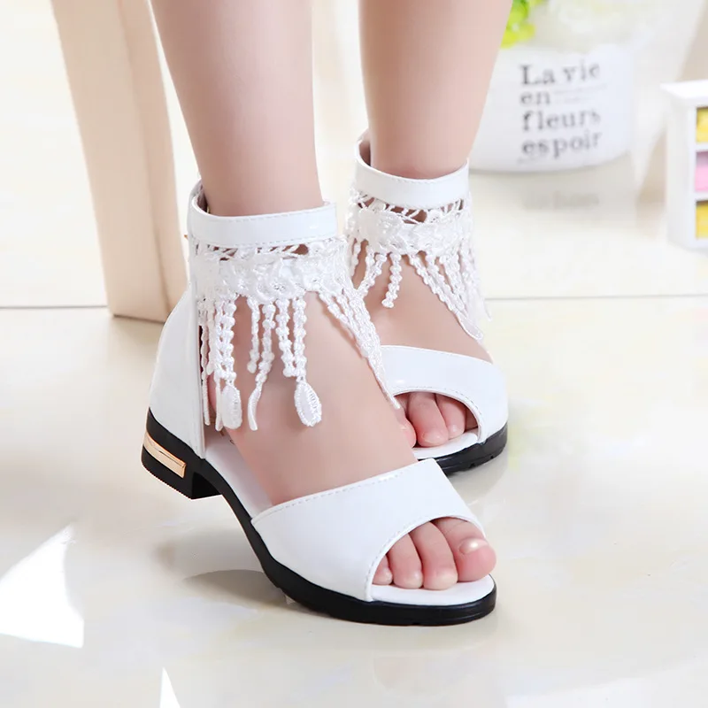 Girls Summer White Pink Tassel Sandals Boots For Teens Girls School Beach Princess Sandals Shoes 5 6 7 8 9 10 11 12 Years New