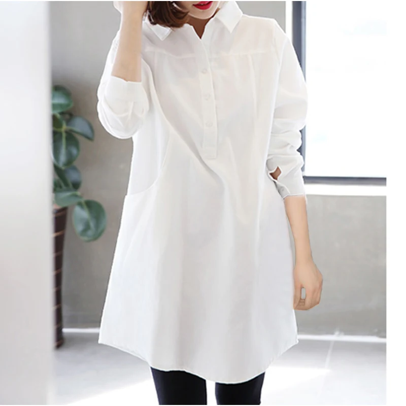 بالاضافة الى حجم وجيزة الأبيض البلوزات Xxxl 4Xl مزدوجة جيوب كم طويل ابيض أعلى المتضخم طويلة قميص Mariposas هوت فام