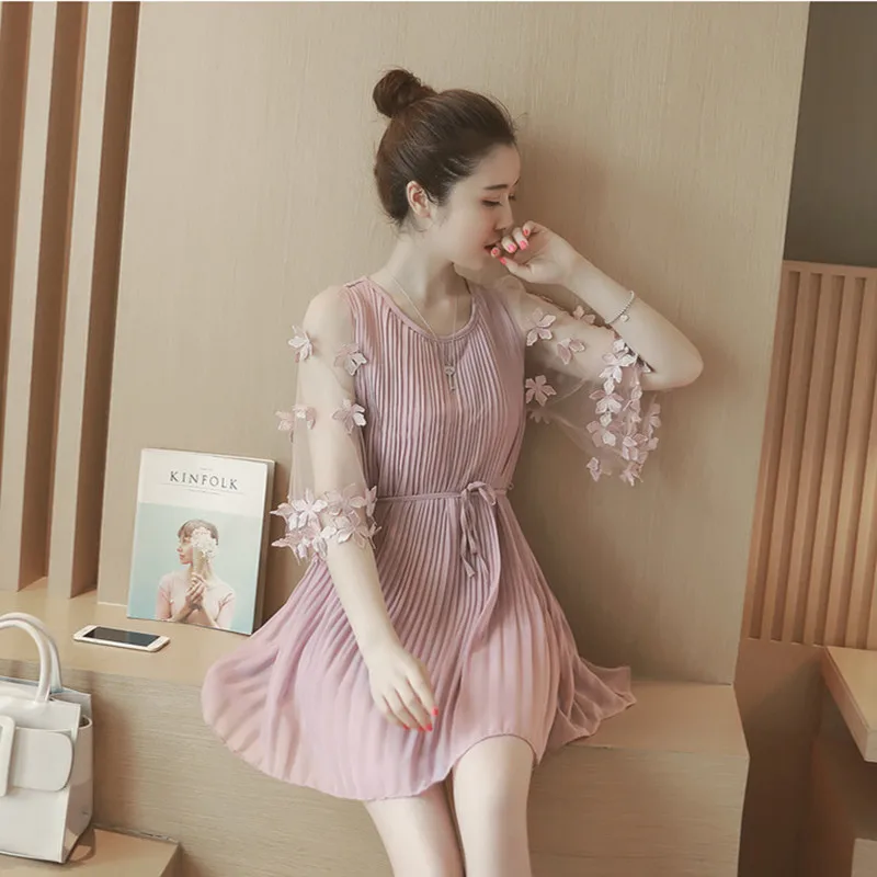 

2016 Summer New Pattern Korean Will Code Three-dimensional Flower Gauze Easy In Sleeve Chiffon Pregnant Woman Dress
