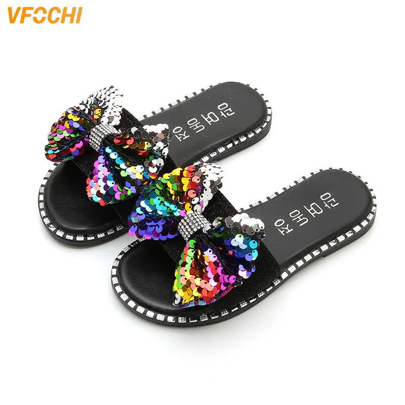 

VFOCHI Girl Summer Slippers Sequin Bowknot Flats Shoes for Kids Mother Girl Casual Slip-on Shoes Children Teenager Girl Slipper