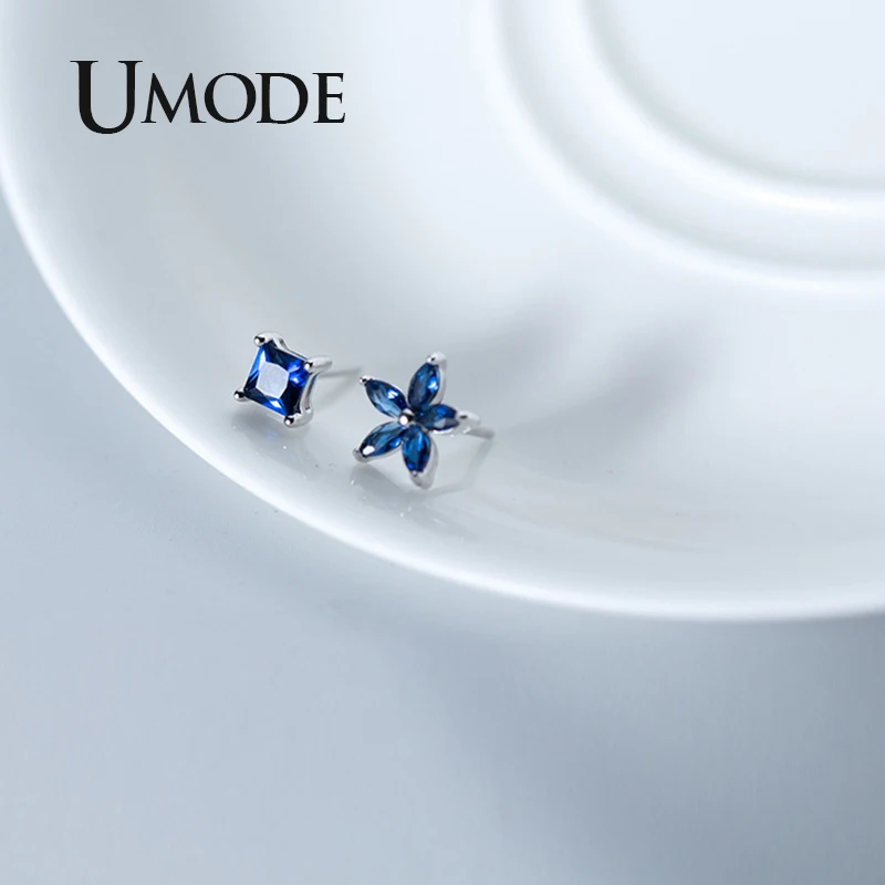 UMODE, новинка, 925 пробы, серебряные серьги для женщин, Голубой квадрат, цветок, серьги-гвоздики, фианит, кристалл, ювелирное изделие, подарок ULE0572