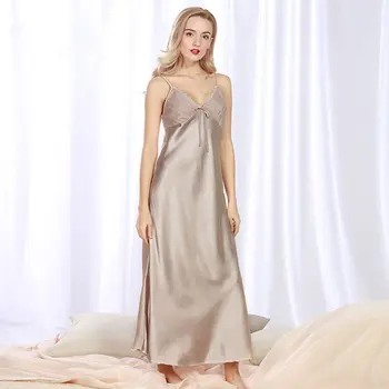 

New Women Summer silk long Night Dress Plus Size Loose v-neck Pamjamas sexy lace Nightwear strap Sleepwear Nightgown 6 colors