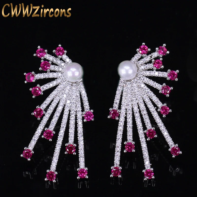 CWWZircons блестящая Звезда дизайн модные красные CZ Кристальные жемчужные серьги для женщин трендовые известные бренды 925 серебряные ювелирные изделия CZ390