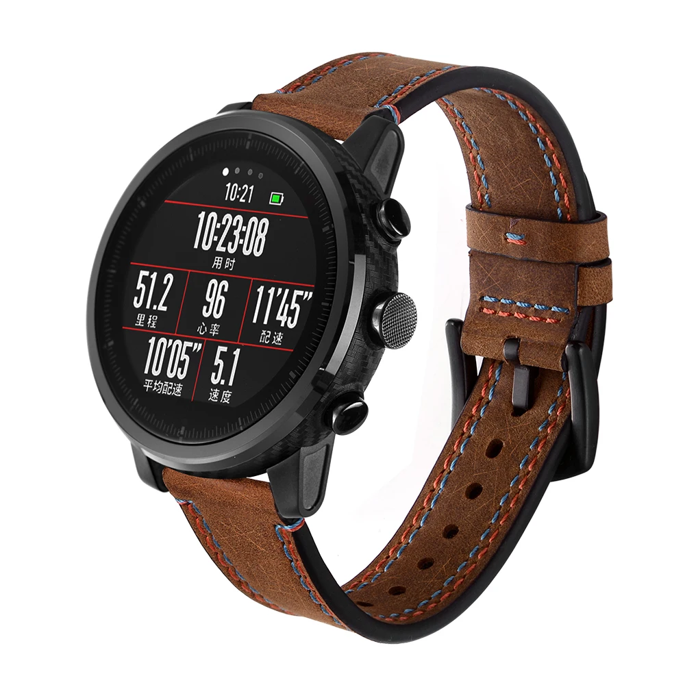 

22mm leather strap with crazy horse double line Wrist strap For Xiaomi Huami Amazfit Pace Watch strap For Amazfit Stratos 2/2S