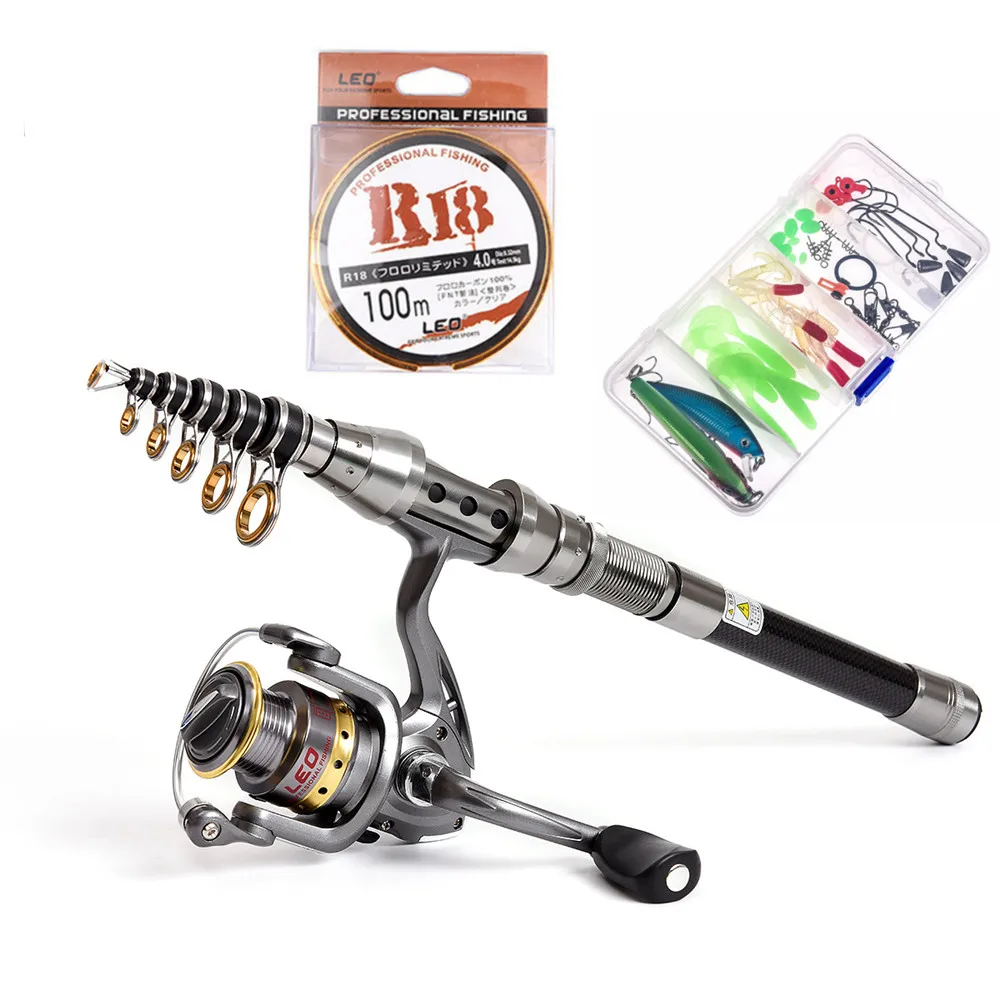 Conjunto com Linha de Carretel Vara de Pesca Carretel de Pesca Kit de Viagem 1.5 M 2.4 m Telescópica Spinning Combo Completo de Pesca Iscas Ganchos 9 Cheap Conj. de varas