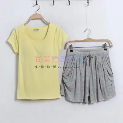 light yellow Gray Пижамы для женщин Модальные Женские поясные прокладки бюстгальтер Встроенная чашка шорты с коротким рукавом женские гостиная сон пижамный комплект - Цвет: light yellow Gray