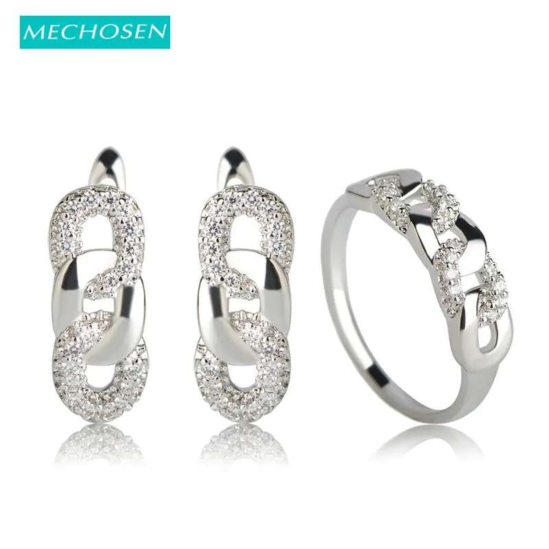 

MECHOSEN Hollow Sparkling Zirconia Earrings Rings Set Copper Jewelry Sets For Women Wedding Party Anel Aneis Boucles d'oreilles