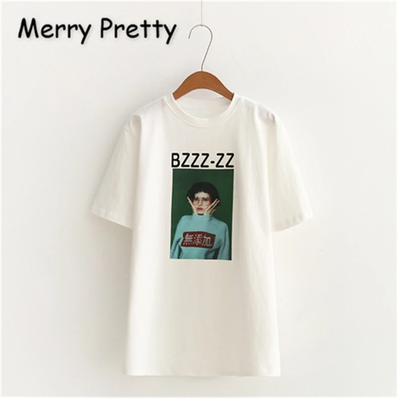 

Merry Pretty Women Cartoon Print White T Shirts 2019 Summer Short Sleeve O-Neck Cotton T Shirt For Femme Casual Loose Tops Tees
