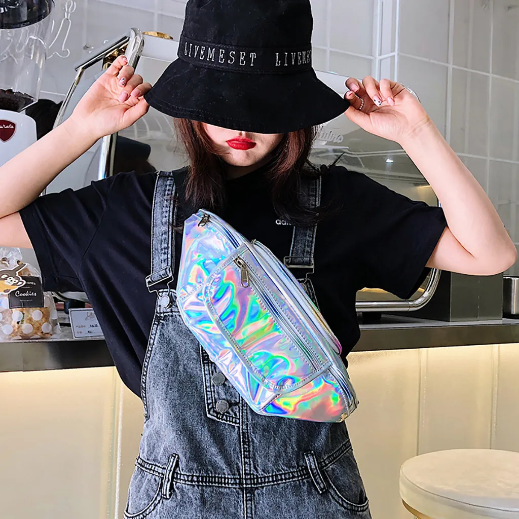 

Fashion Laser Shiny Fanny Pack For Women PVC Waterproof High Capacity Waist Bags Zipper Solid Messenger Shoulder Chest Pack #S
