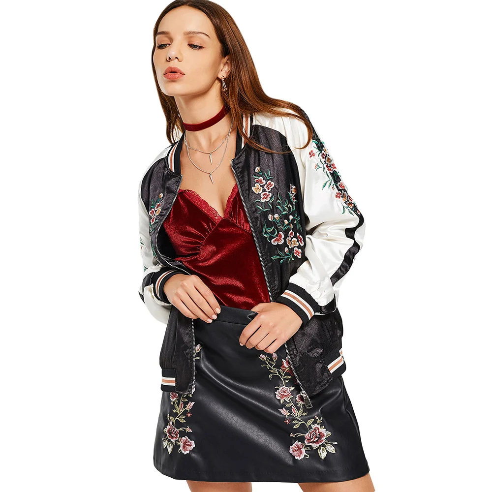 Gamiss New Floral Bird Embroidered Bomber Jacket Ladies Fashion