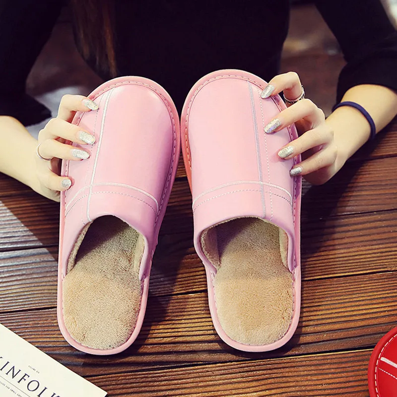 spring high quelity leather shoes for men indoor slippers soft round toe home slippers man spring/winter shoes - Цвет: Pink