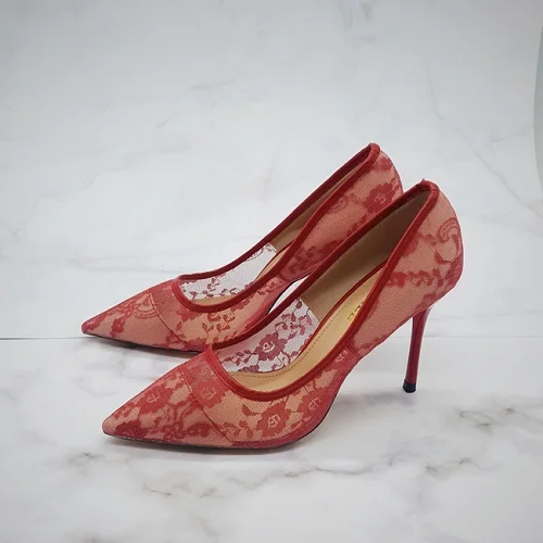 KarinLuna/ г. Элегантные женские туфли-лодочки пикантные свадебные туфли на высоком каблуке 10 см, украшенные кружевом и цветами женские вечерние туфли с острым носком для невесты - Цвет: red