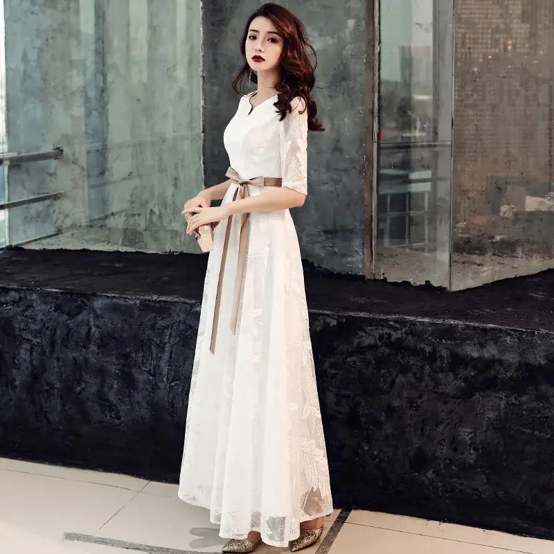 Свадебное платье Cheongsam в восточном стиле; женские свадебные вечерние платья с рукавом до локтя в китайском стиле; Элегантное Длинное платье; Vestido XS-XXXL - Цвет: Белый