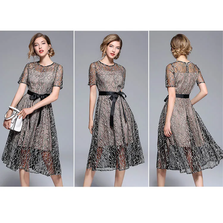 Elegant Hollow Lace Up Embroidery Two Pieces Office Dress