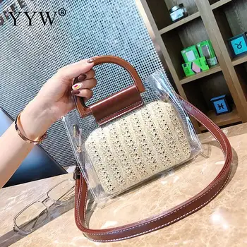 

Fashion 2 Pcs Boho Straw Shoulder Bags PVC Transparent Women'S Bag Casual Beach Party Small Female Handbags Designer Bolso Mujer