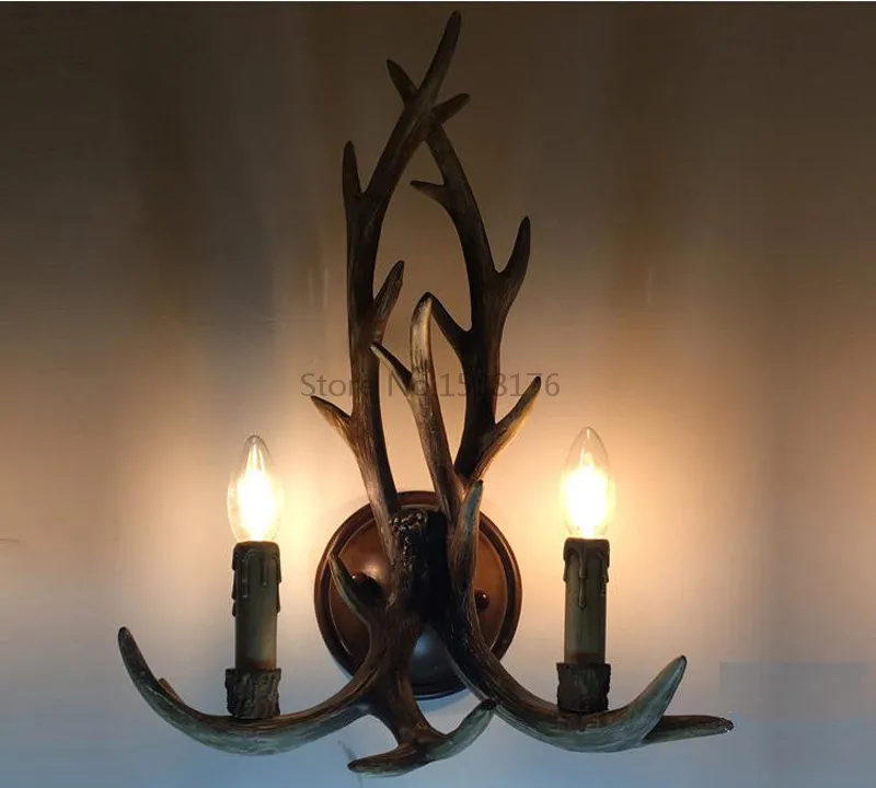 Rustic Retro Resin Antler Wall Sconce 2 Light Fixtures Lamp American Country Wall Light Deer Horn candle Lampshade 110-240V-6
