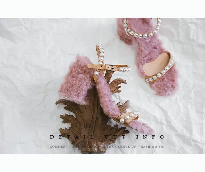 Роскошные женские босоножки на высоком каблуке с овечьим мехом и жемчугом, летняя обувь на блочном каблуке, удобные женские босоножки розового цвета, новинка года