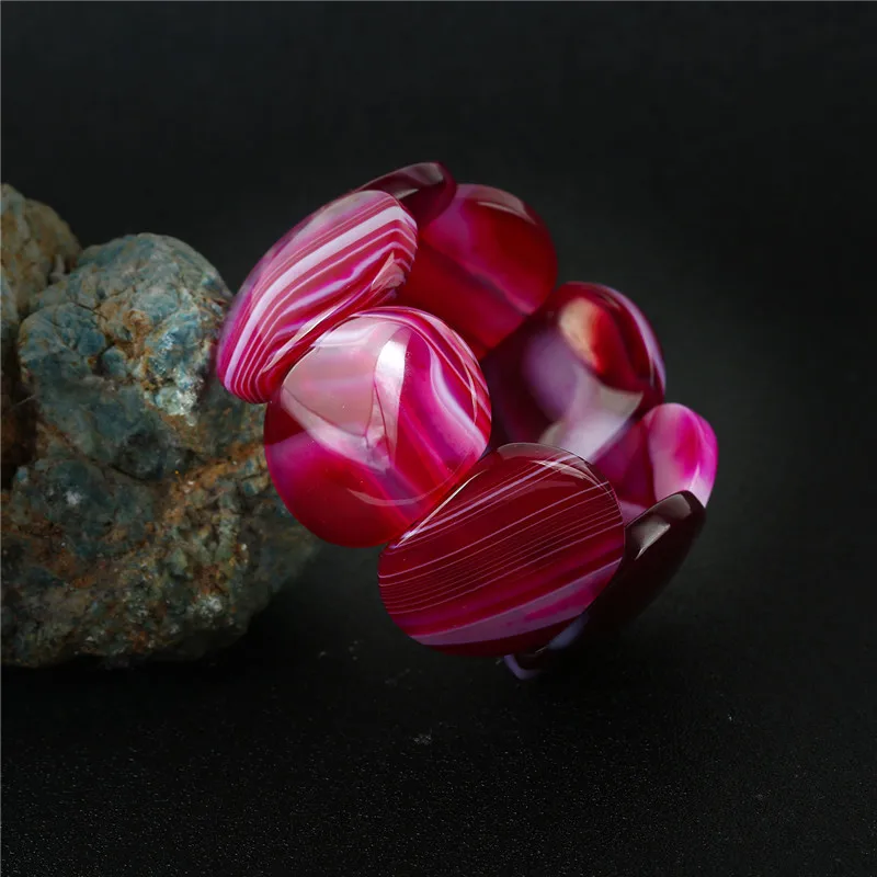 

K's Gadgets Trendy Pink Striped Agates Stone Bracelets For Women Big Oval Natural Semi-Precious Stones Woman Bracelet Bilezik