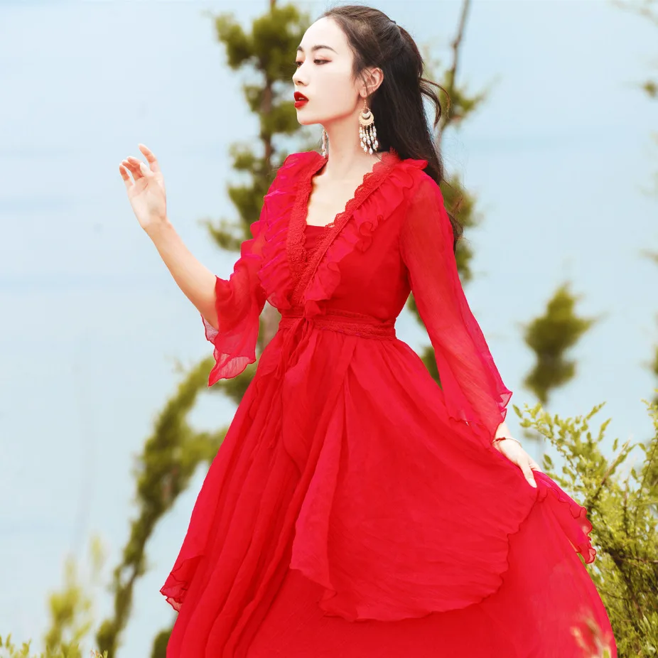 Women Summer Vintage Long Maxi Dress Sexy V-neck Three Quarter Sleeve Party Red Dress Beachwear Sundress Vestido Mujer