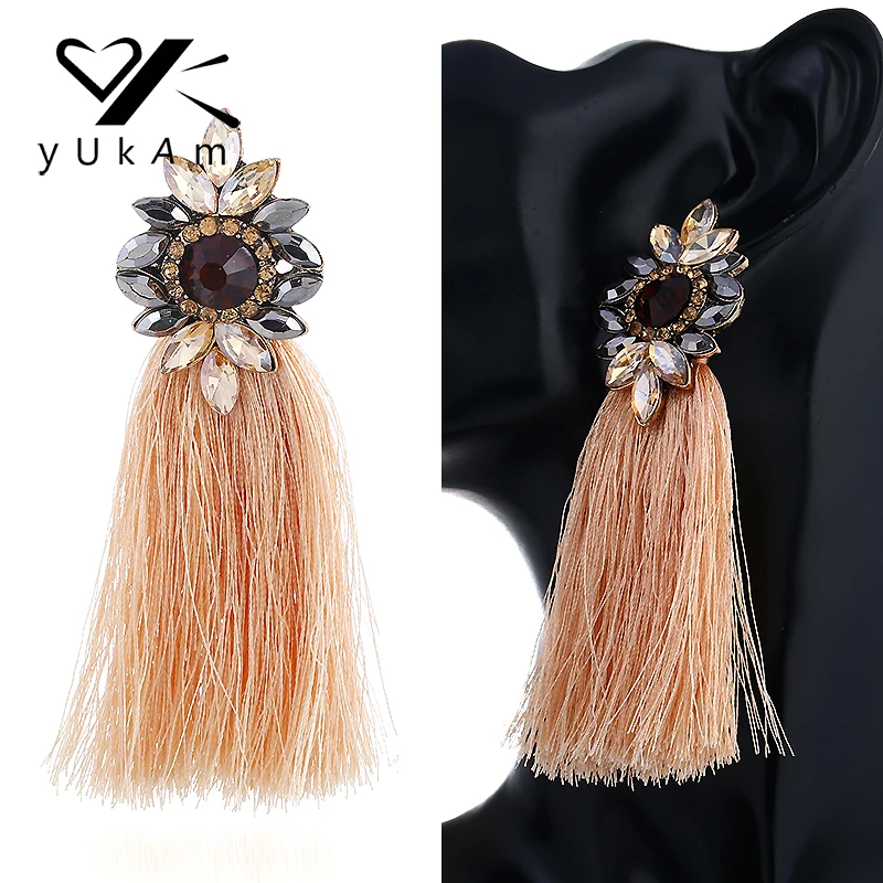

YUKAM Vintage Ethnic Long Tassel Earrings Fringe Wedding Big Crystal Drop Earrings for Women Exaggerated Tassle Earrings Jewelry