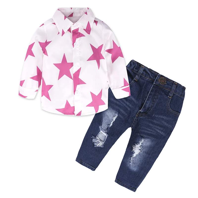 Комплекты одежды для девочек; коллекция года; летняя Модная стильная детская одежда; шифоновая футболка с длинными рукавами+ джинсы; комплект из 2 предметов для детей; DTZ349