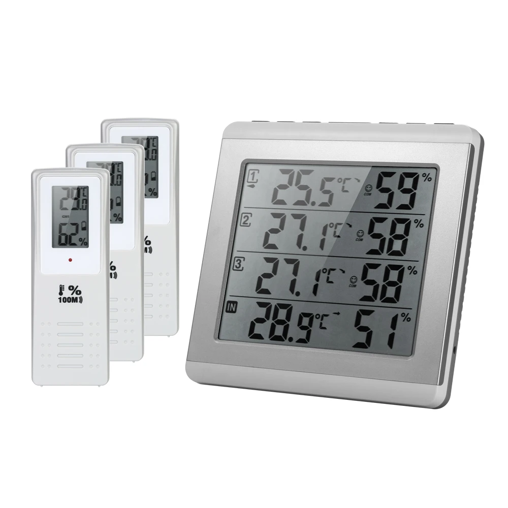 

Digital Wireless Thermometer Hygrometer Four-channel Temperature Humidity Meter with 3 Outdoor Transmitter Comfort Level LCD