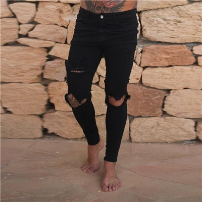 Мужские эластичные рваные мужские байкерские джинсы с потертостями, облегающие джинсовые брюки мужские летние потертые узкие брюки со средней талией AA51408 - Цвет: Черный