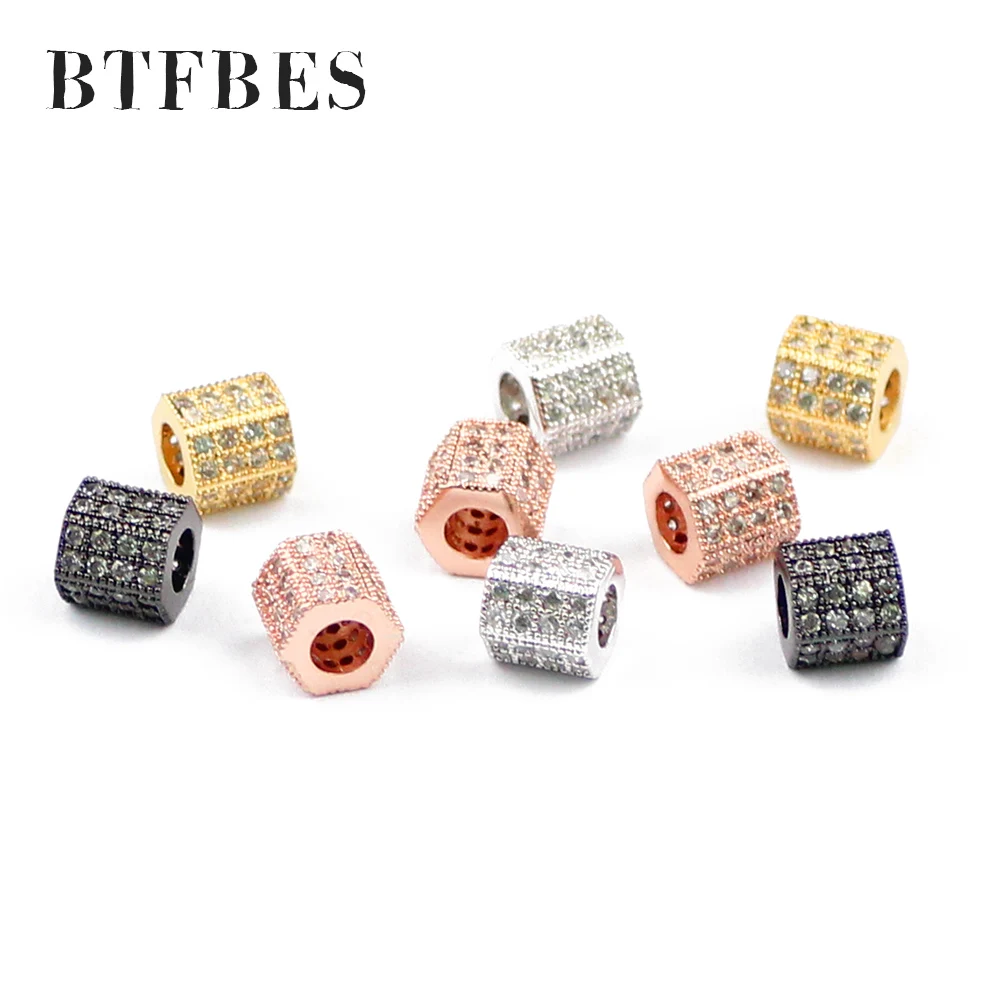 

BTFBES 2pcs White CZ Geometric Copper Spacer beads 6 8mm Pave Crystal metal Loose beads for Jewelry bracelet Necklace making DIY