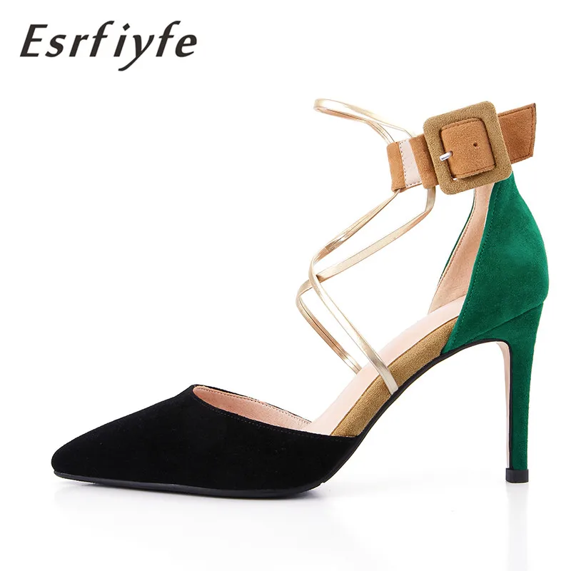 

ESRFIYFE 2019 New Geunine Suede Leather Cross Bandage High Heels Sandals Women Pumps Buckl Summer Shoes Fashion Pompes De Femme