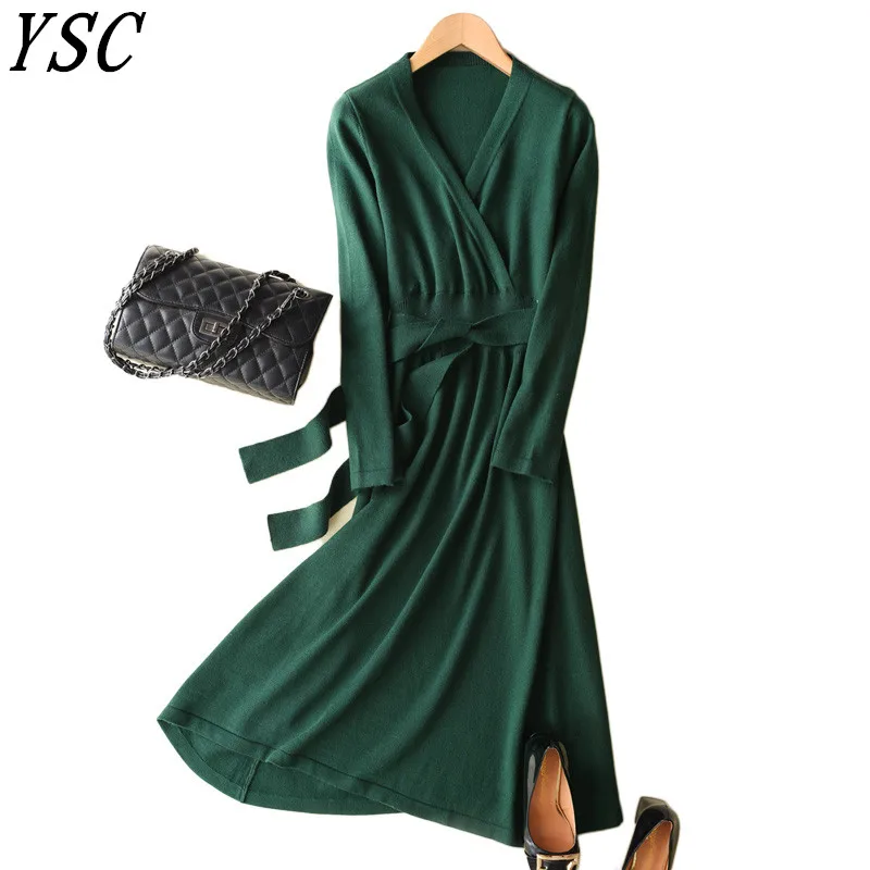 

2018 spring Latest style Women's Knitted Cashmere Wool Dress Long style Solid color One word collar Free Shipping 2