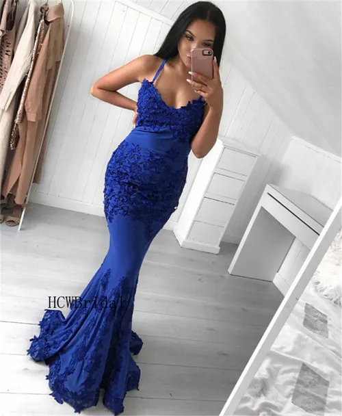 Новое синее платье с русалочкой вечерние милое на тонких бретельках Аппликации Упругие атласная Длинные вечерние платья недорого Для женщин платья - Цвет: Blue