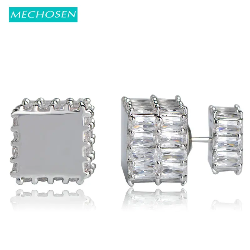 

Statement Zircon Copper Square Double Side Stud Earrings For Women Wedding Bridal Party Pin Post Aretes Rhodium Silver Oorbellen