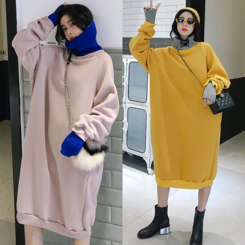 

Winter Women Long Section High Collar Loose Warm Hoodies High-neck Fake Two-piece Thick Thermal Hooded Wild Knee Hoodie Tops