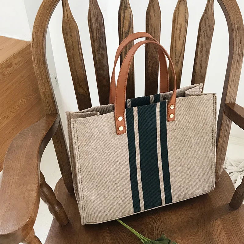 

Youda Ladies Handbags Professional Business Commuter Shoulder Bag Striped Simple Square Canvas Bags Large-capacity Shopping Tote