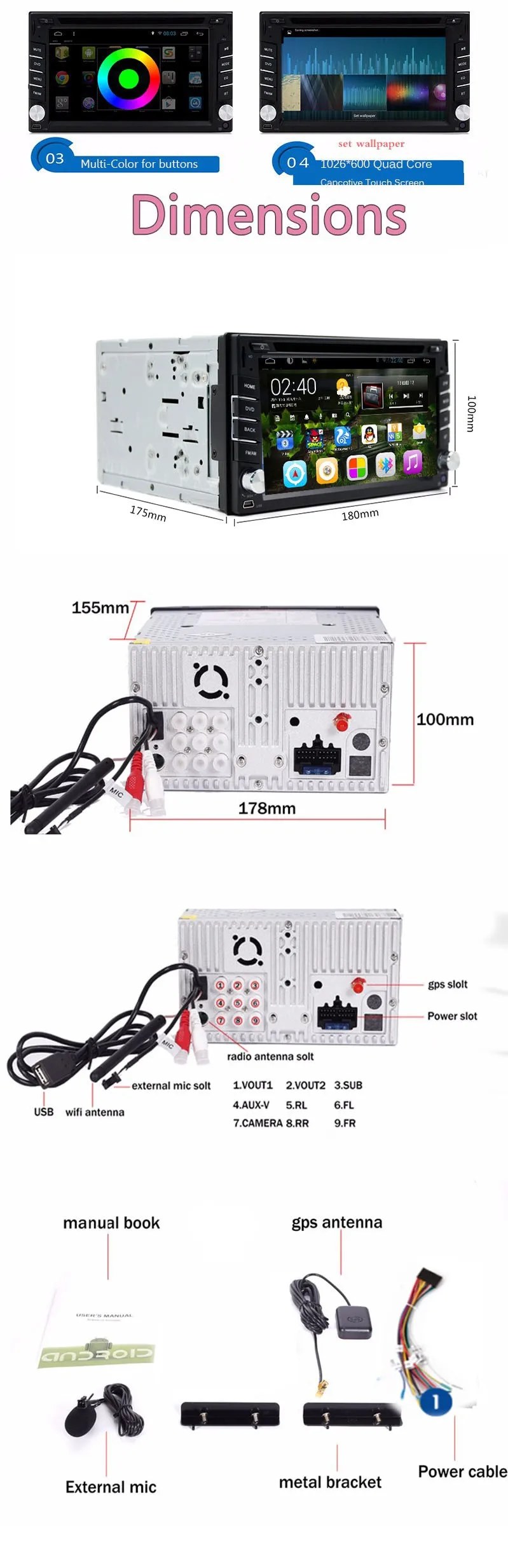 Discount 6.2inch New! double 2 din Android 8.1 GPS Car Stereo RadioTouch Car  vw/toyolta/mazad Wifi-3G Car Audio SD usb CD DVD MP3 player 17