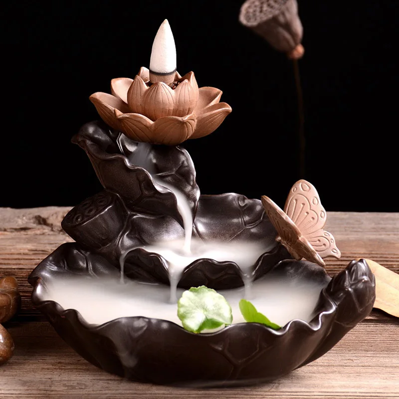 

Backflow Incense Burner Home Decor With Butterfly Ceramic Lotus Stick Incense Holder Buddhist Aroma Censer + 10Pcs Incense Cones