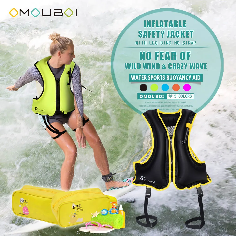 

OMOUBOI Black Water Sports Swimwear Reinforced Straps Added Air Inflating Life Survival Vest Secure Jacket With Yellow Organizer