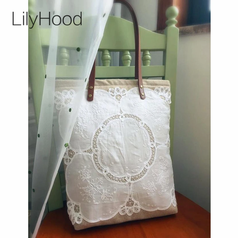 LilyHood Women Shabby Chic Lace Handbag Handmade Jute Vintage Retro Wedding Crochet Canvas Lace Feminine Top-Handle Big Tote Bag