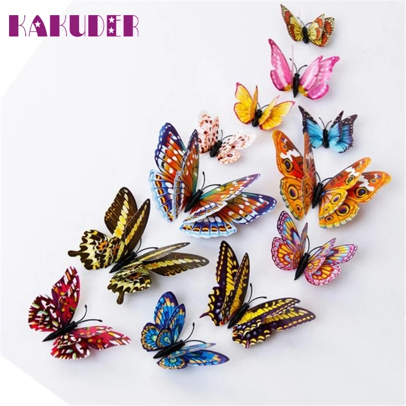 Kakuder vinilos decorativos para 12 шт 3D наклейки на стену двухслойные светящиеся бабочки