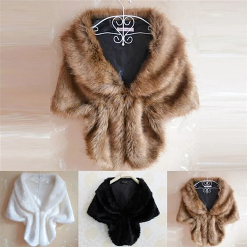 Women Lady Plush Faux Fur Shawl Wrap Bridal Wedding Jacket Gilet Stole Waistcoat Bolero Shrug Cape Black White Brown Stylish