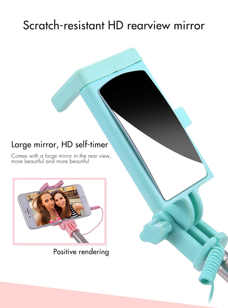 !ACCEZZ Mini Wired Selfie Stick IOS For iPhone X XR XS MAX 8 7 6 For Huawei Samsung Monopod Foldable Portable Selfiestick Mirror (10)