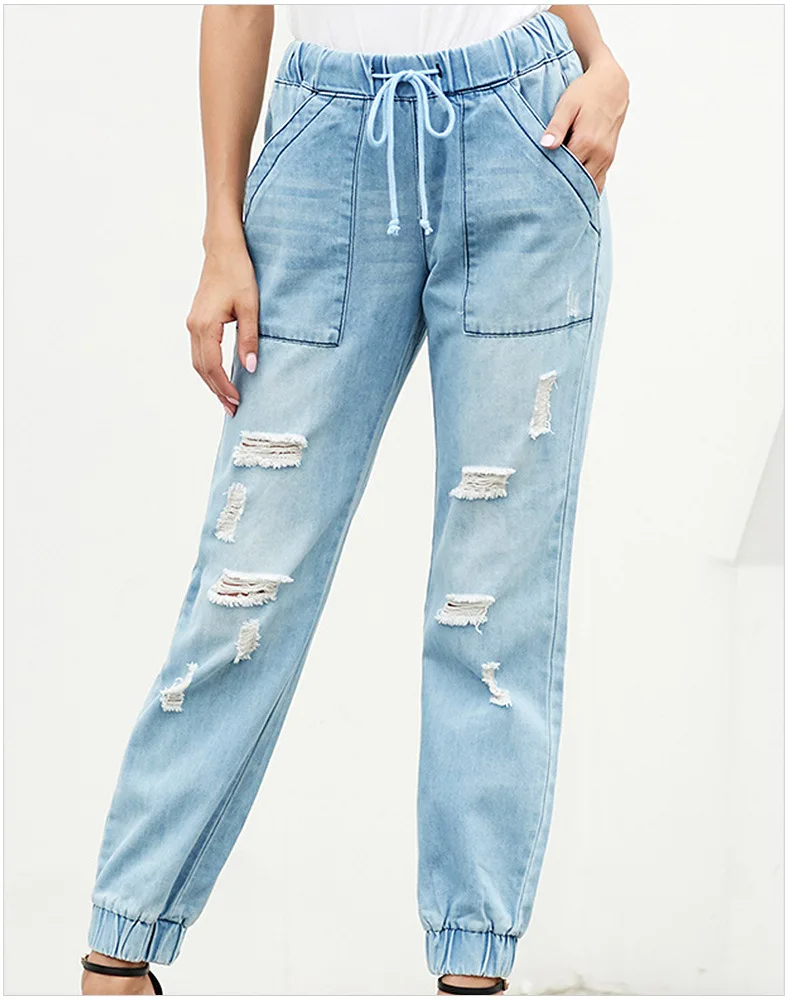 Модные однотонные джинсы, брюки, тонкие женские рваные повседневные джинсы с высокой талией, обтягивающие отбеленные узкие брюки