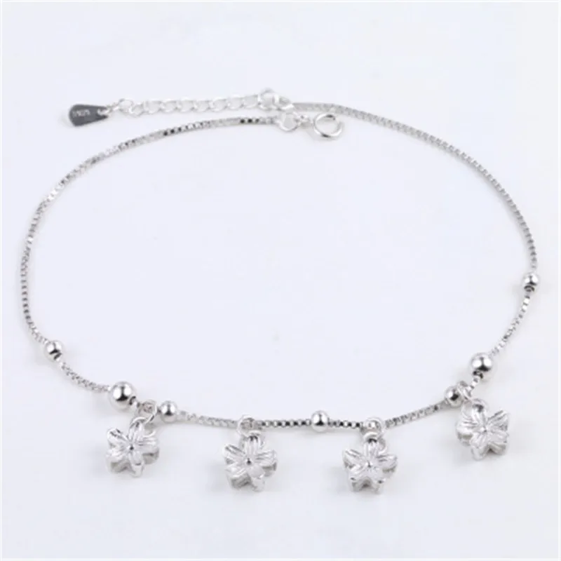 

BESTLYBUY 100% Real 925 Sterling Silver Cherry blossoms Anklet halhal Bracelet For Women Chain Anklet Bracelet Beach Jewelry