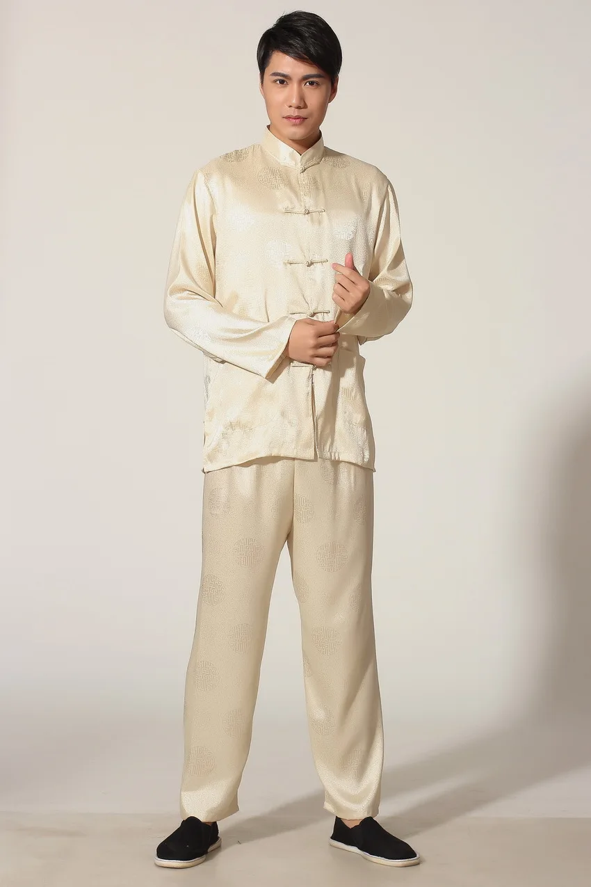 Шанхай история Китайский традиционный Мужчины Китайский кунг-фу костюм Китайский Тай-чи костюм куртка+ Штаны кунг-фу форма 5 цветов m0049 - Цвет: M0049D Gold