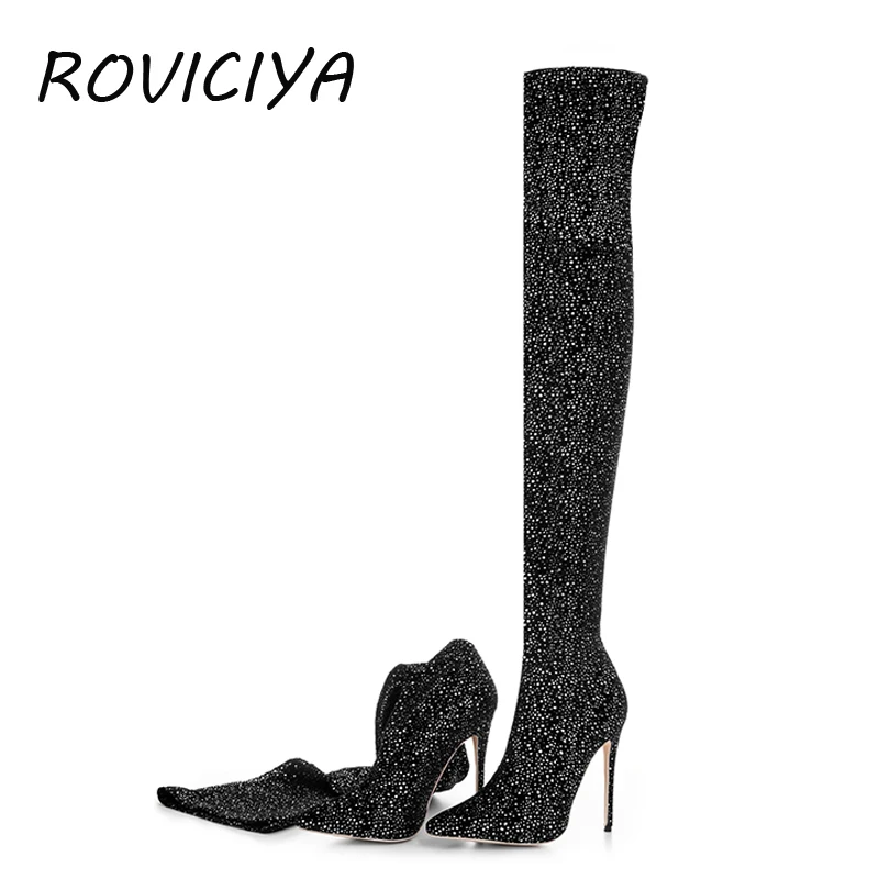 

Bling over the knee boots women sexy pointed toe sock stretch fabric black thigh high heels shoes plus size WJ074 ROVICIYA