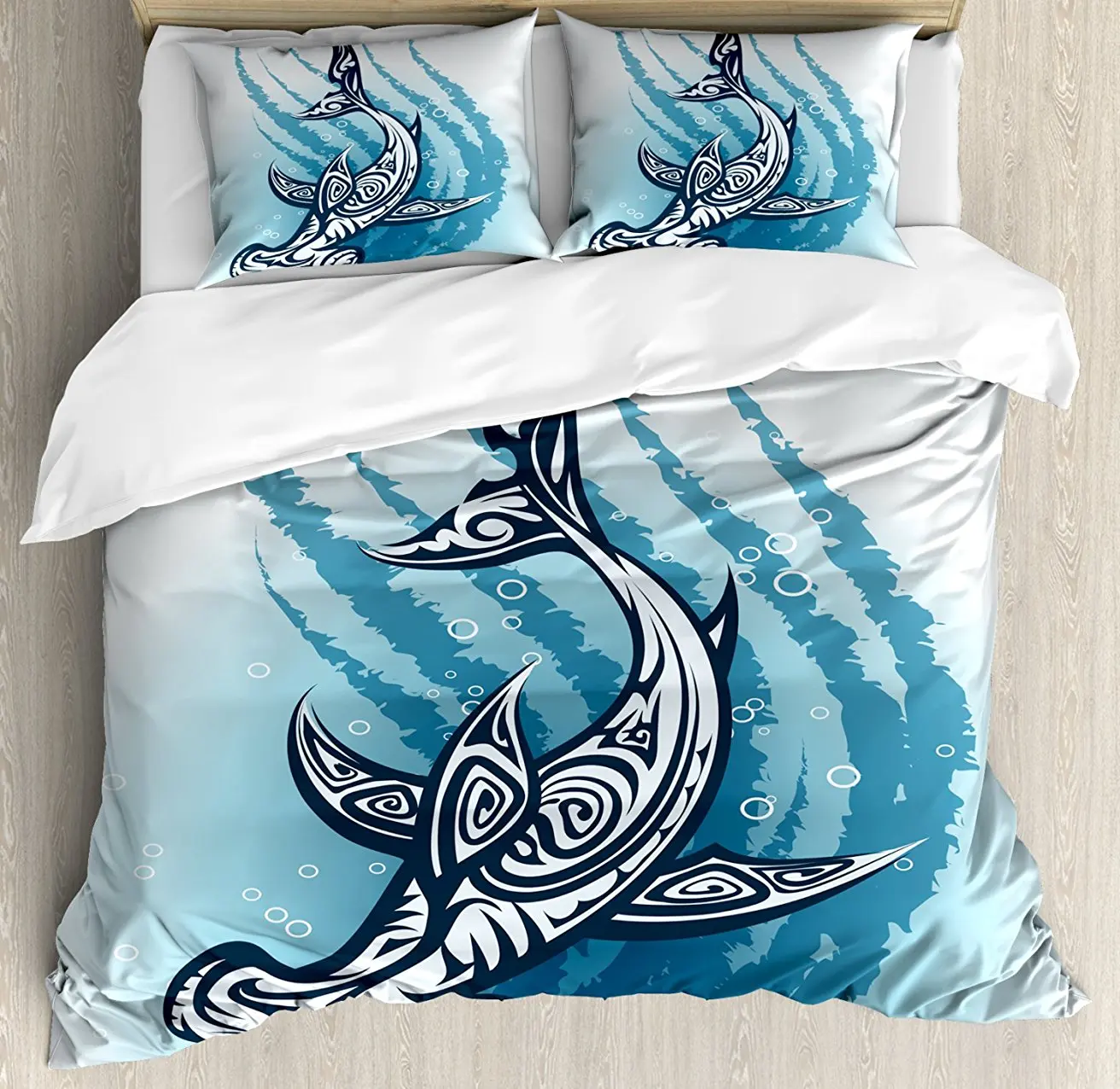 

Shark Duvet Cover Set Hammerhead Fish with Ornamental Ethnic Effects Swimming Ocean Image, Decorative 4 Piece Bedding Set